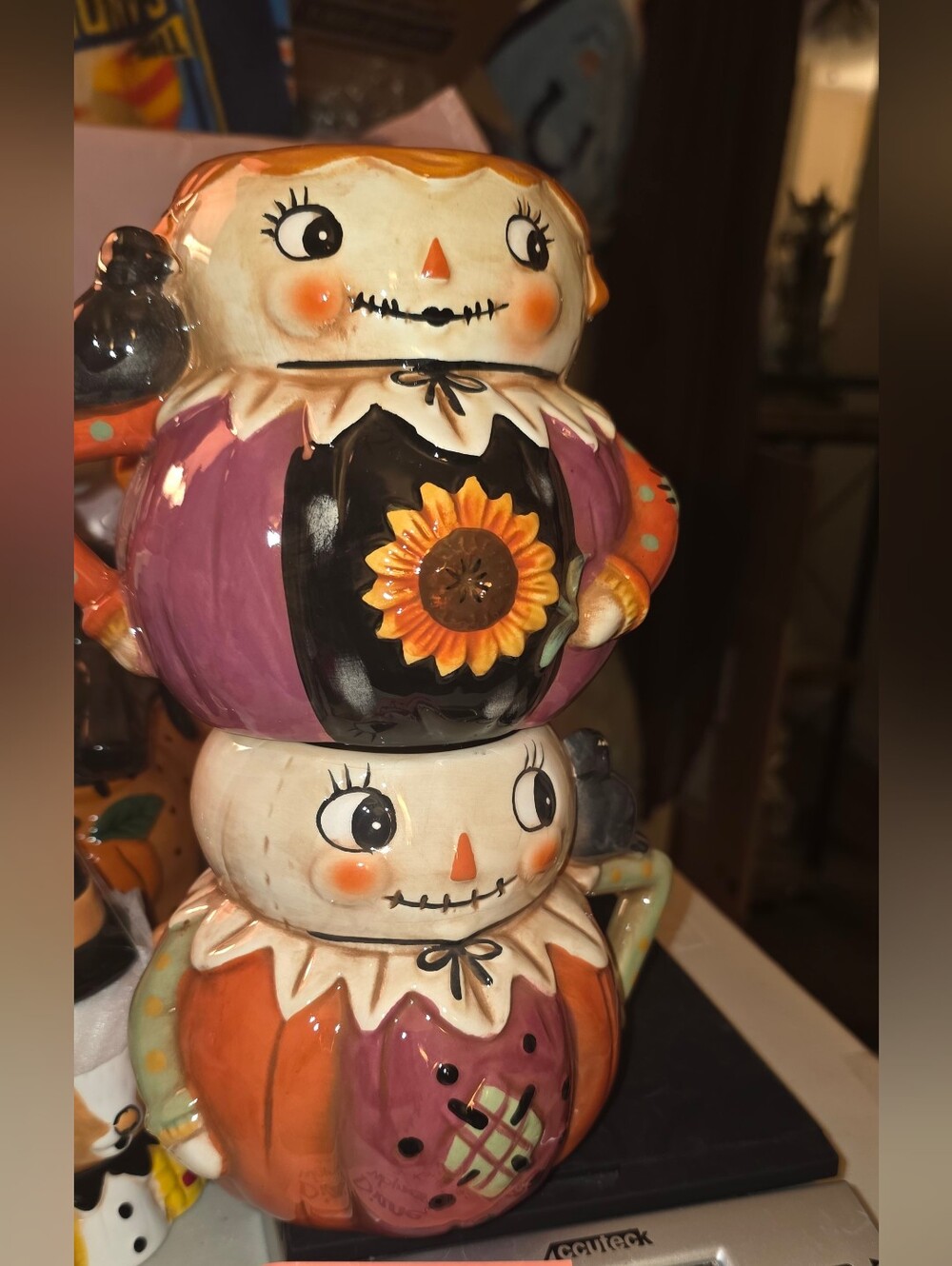 Hand-Painted Ceramic Pumpkin Stack Figurine — Orange & Purple